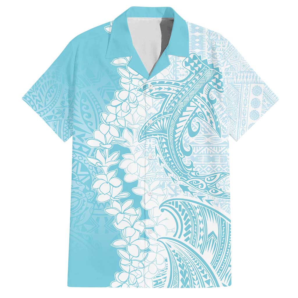 Polynesian Turquoise Plumeria Lei Family Matching Tank Maxi Dress and Hawaiian Shirt with Hammerhead Shark