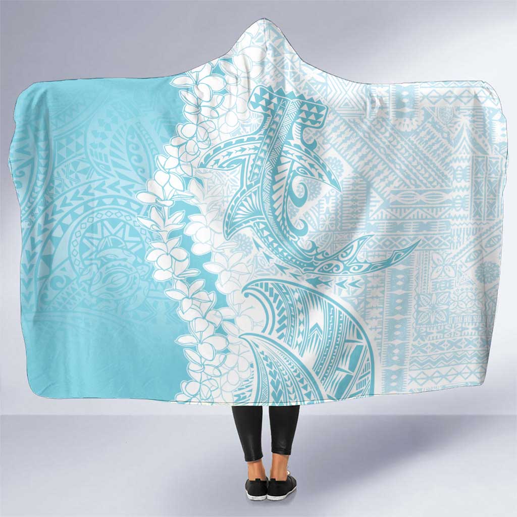 Polynesian Turquoise Plumeria Lei Hooded Blanket with Hammerhead Shark