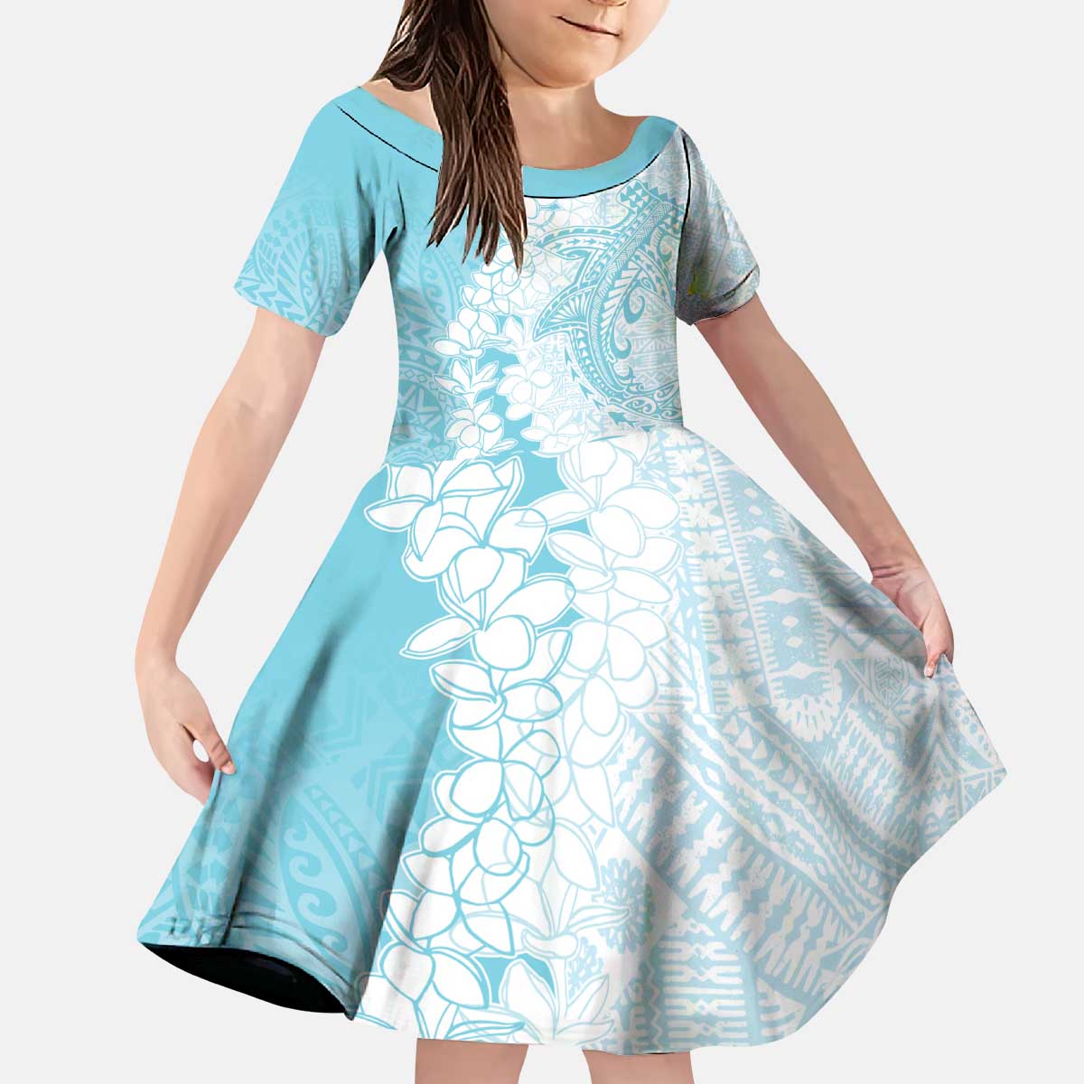 Polynesian Turquoise Plumeria Lei Kid Short Sleeve Dress with Hammerhead Shark LT7 KID Turquoise - Polynesian Pride