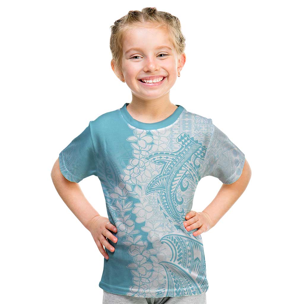 Polynesian Turquoise Plumeria Lei Kid T Shirt with Hammerhead Shark LT7 Turquoise - Polynesian Pride