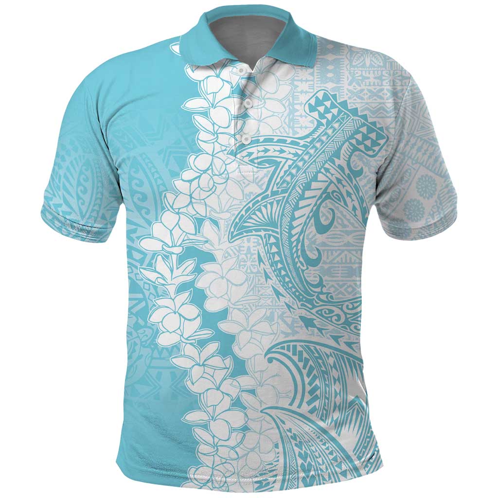 Polynesian Turquoise Plumeria Lei Polo Shirt with Hammerhead Shark