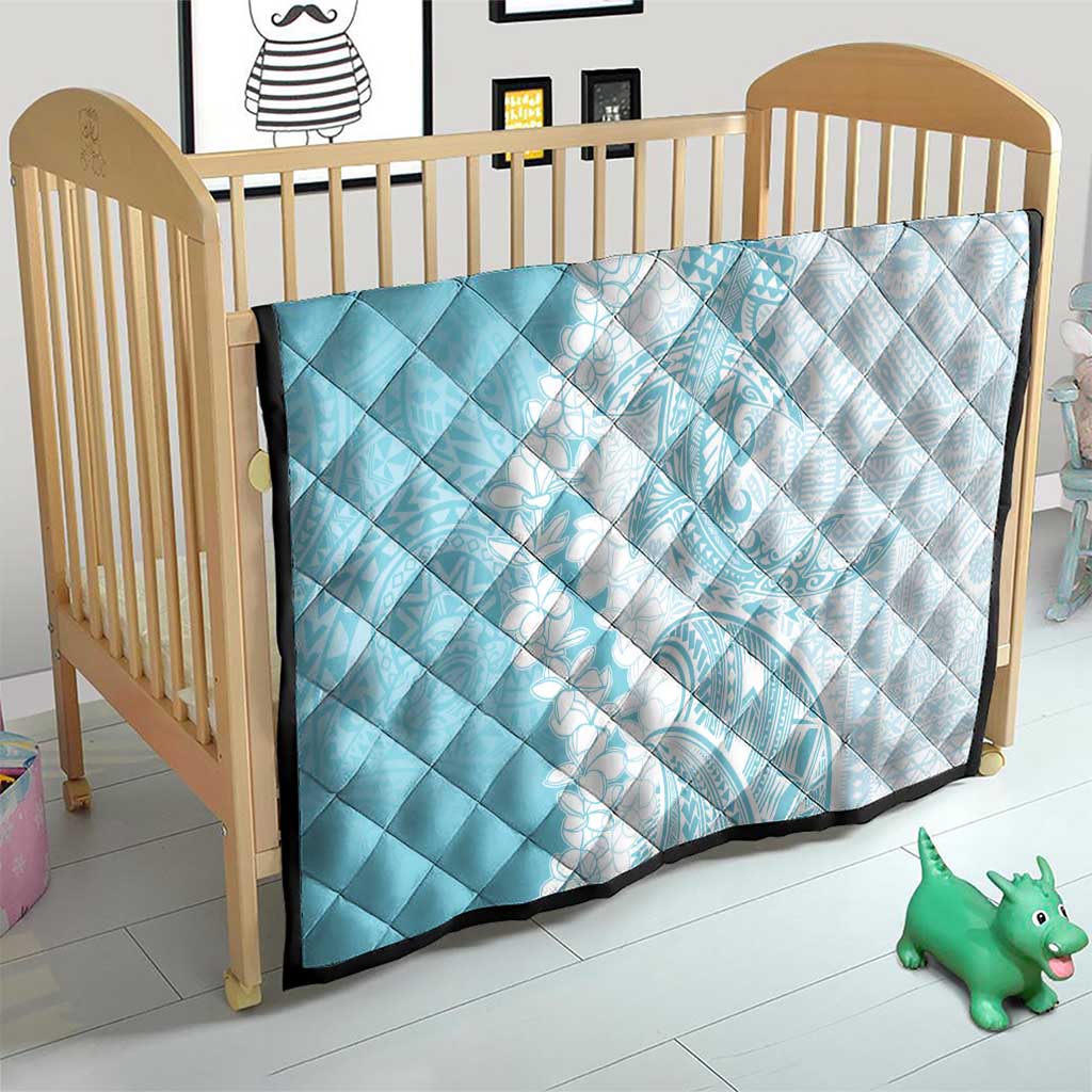 Polynesian Turquoise Plumeria Lei Quilt with Hammerhead Shark