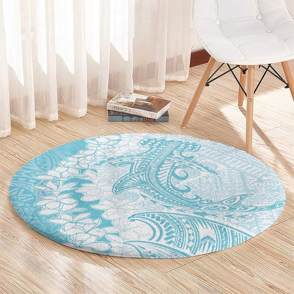 Polynesian Turquoise Plumeria Lei Round Carpet with Hammerhead Shark