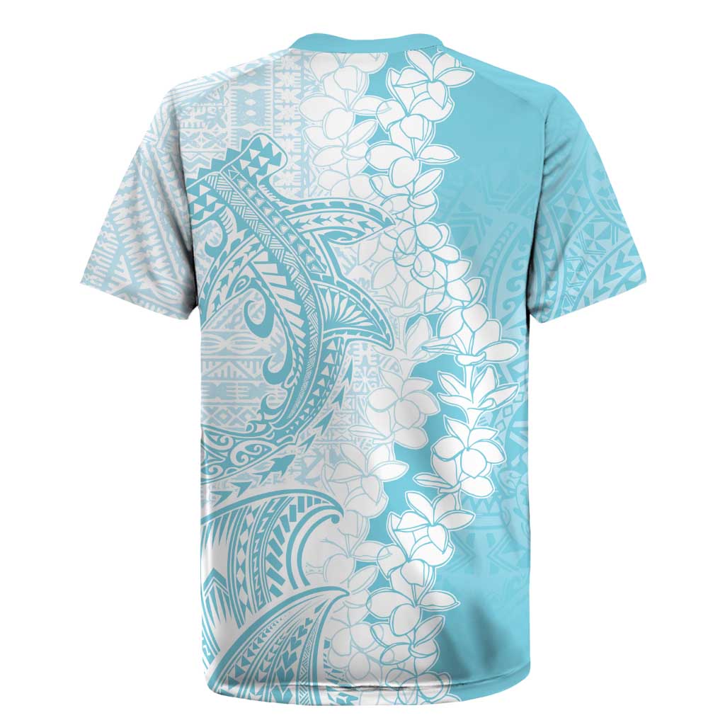 Polynesian Turquoise Plumeria Lei Rugby Jersey with Hammerhead Shark