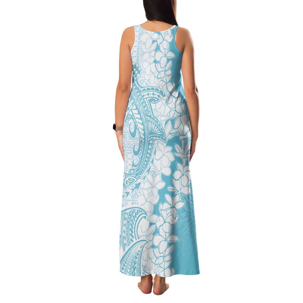 Polynesian Turquoise Plumeria Lei Tank Maxi Dress with Hammerhead Shark