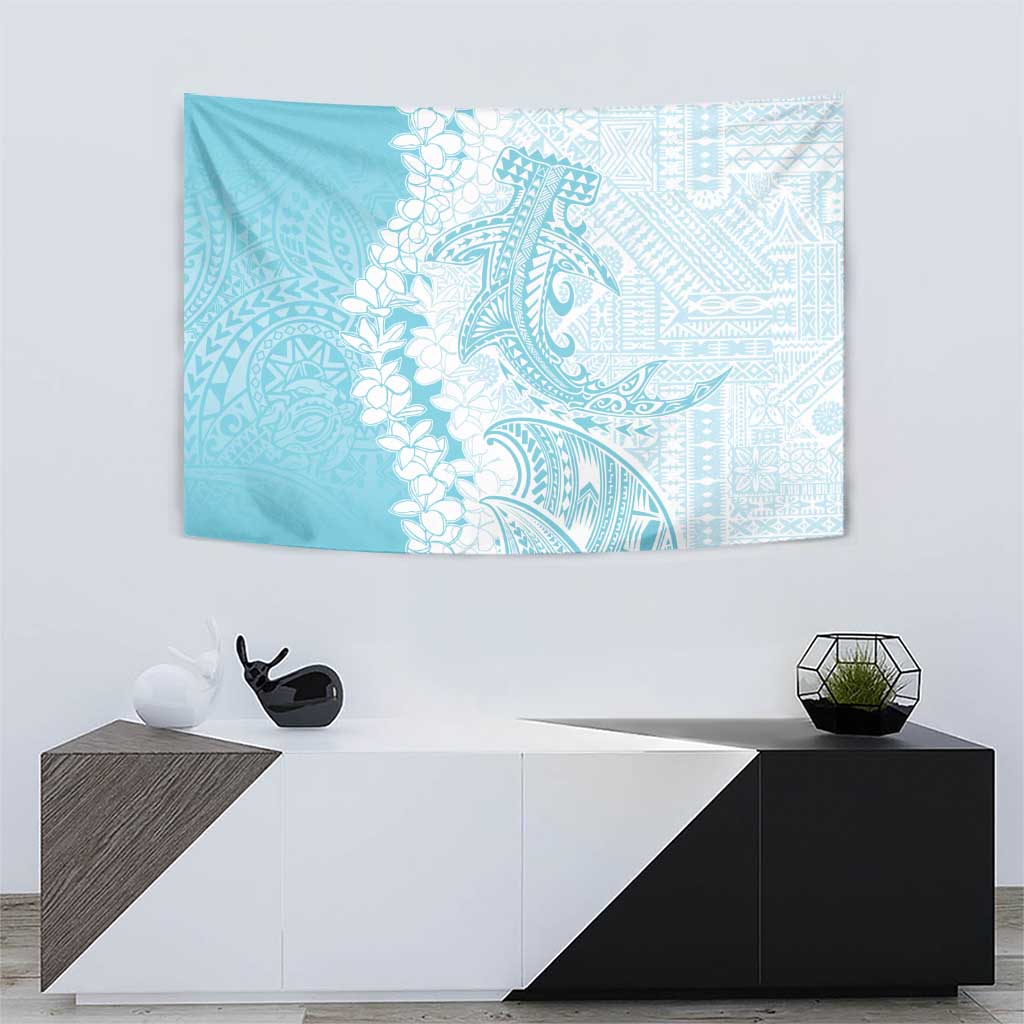Polynesian Turquoise Plumeria Lei Tapestry with Hammerhead Shark