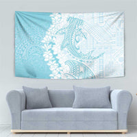 Polynesian Turquoise Plumeria Lei Tapestry with Hammerhead Shark