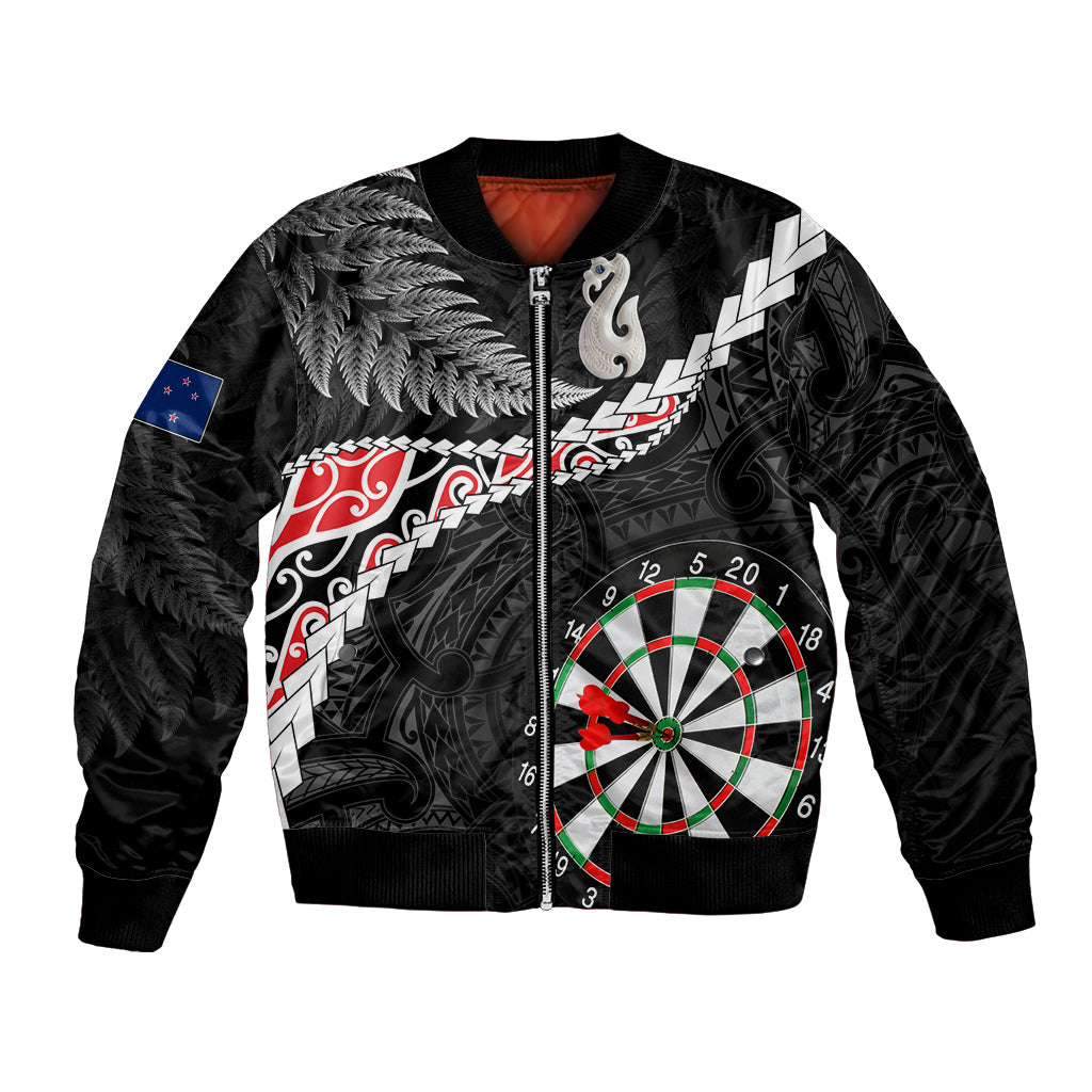 Personalised New Zealand Darts Bomber Jacket Maori Manaia LT7 Unisex Black - Polynesian Pride