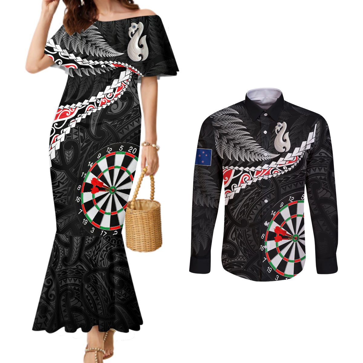 Personalised New Zealand Darts Couples Matching Mermaid Dress and Long Sleeve Button Shirt Maori Manaia LT7 Black - Polynesian Pride