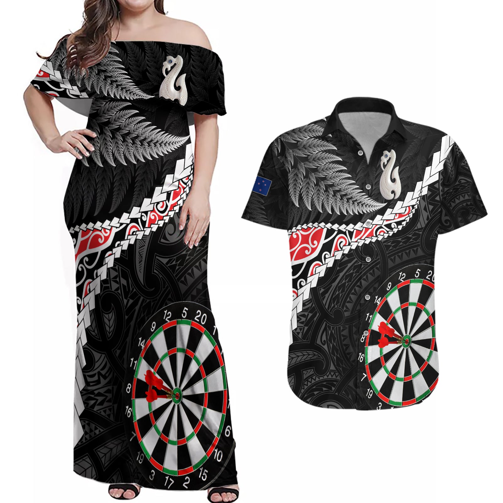 Personalised New Zealand Darts Couples Matching Off Shoulder Maxi Dress and Hawaiian Shirt Maori Manaia LT7 Black - Polynesian Pride