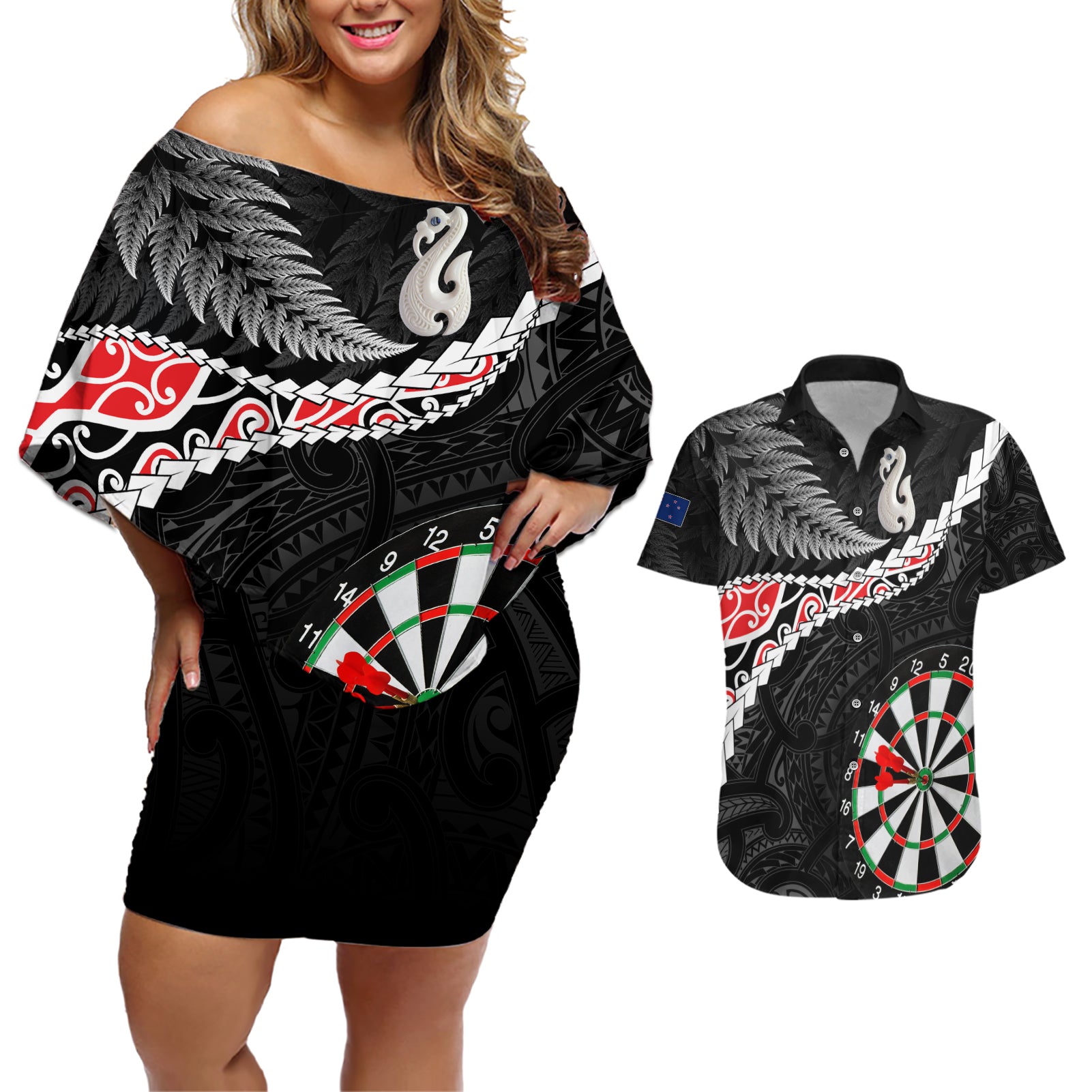 Personalised New Zealand Darts Couples Matching Off Shoulder Short Dress and Hawaiian Shirt Maori Manaia LT7 Black - Polynesian Pride