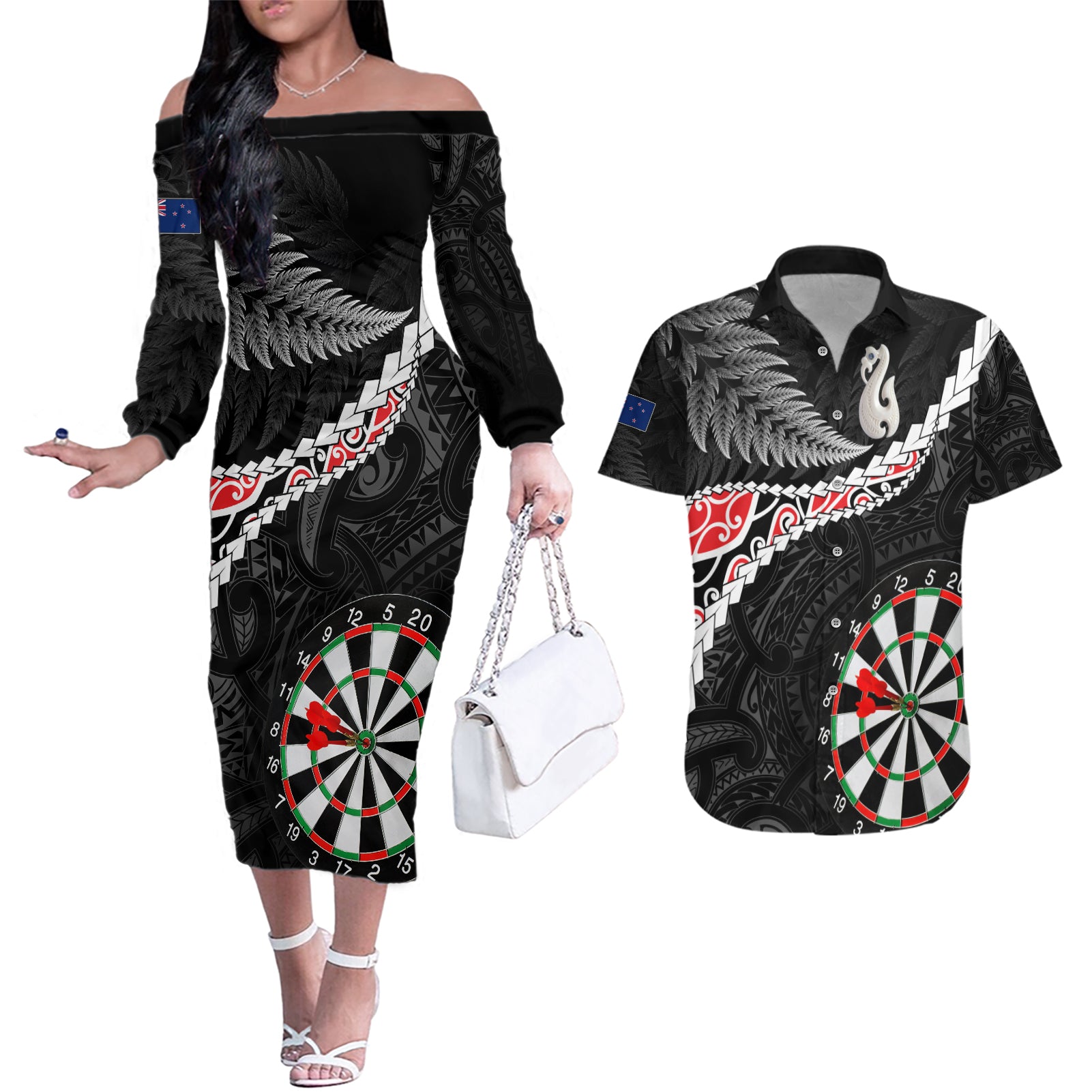 Personalised New Zealand Darts Couples Matching Off The Shoulder Long Sleeve Dress and Hawaiian Shirt Maori Manaia LT7 Black - Polynesian Pride