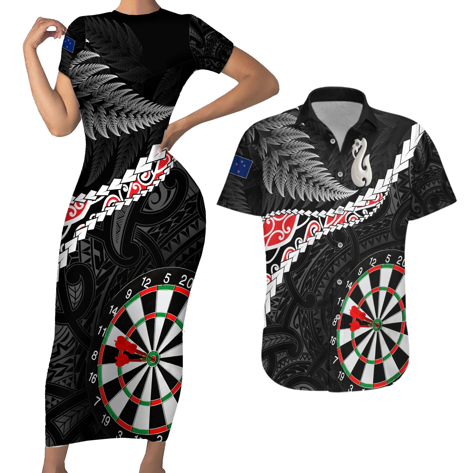 Personalised New Zealand Darts Couples Matching Short Sleeve Bodycon Dress and Hawaiian Shirt Maori Manaia LT7 Black - Polynesian Pride