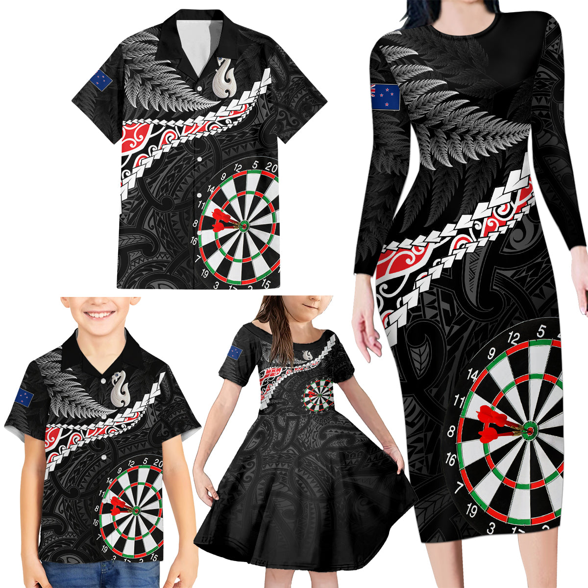 Personalised New Zealand Darts Family Matching Long Sleeve Bodycon Dress and Hawaiian Shirt Maori Manaia LT7 - Polynesian Pride