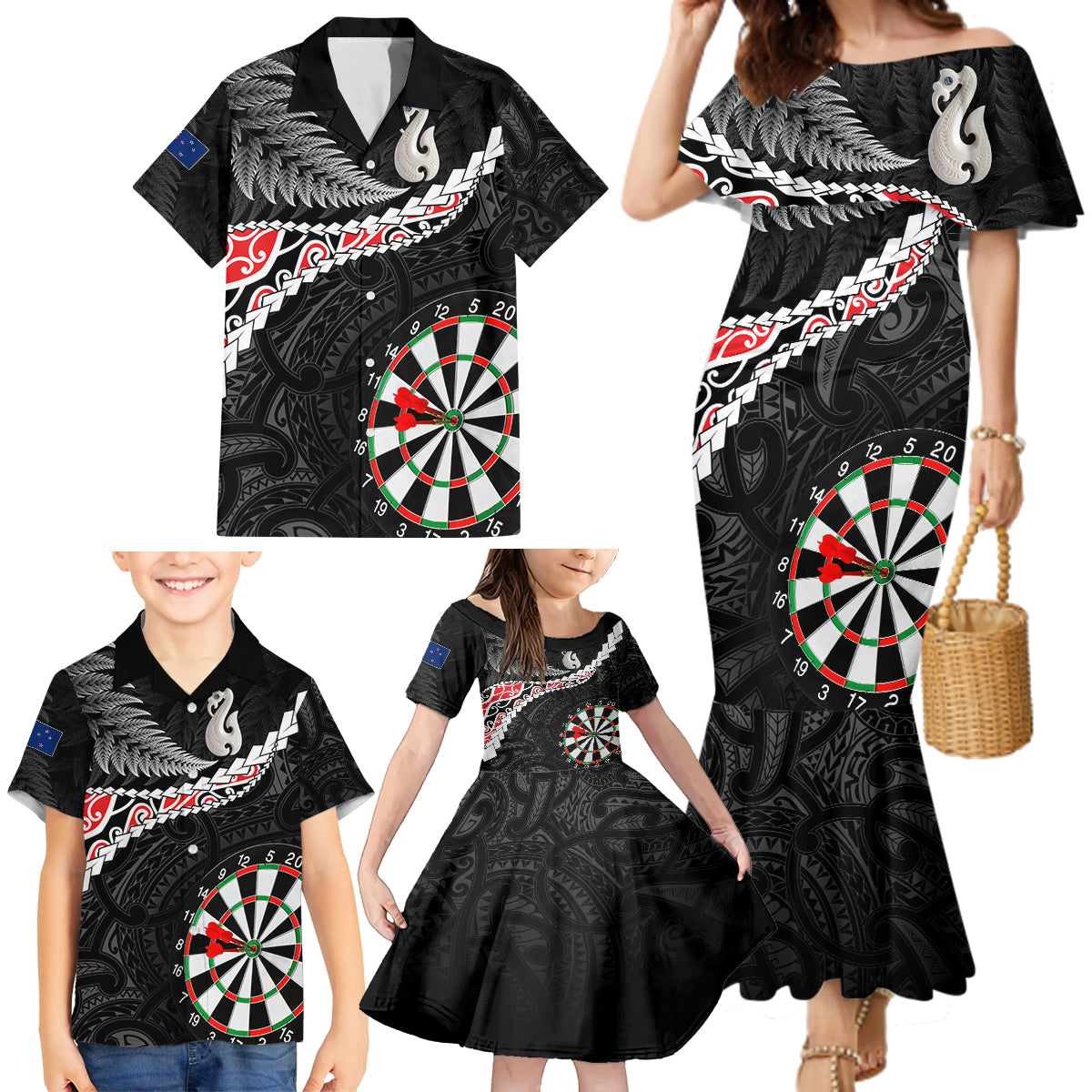 Personalised New Zealand Darts Family Matching Mermaid Dress and Hawaiian Shirt Maori Manaia LT7 - Polynesian Pride