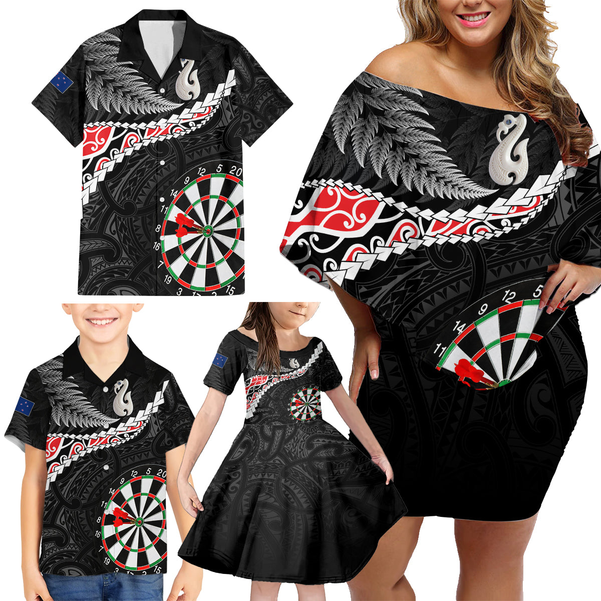 Personalised New Zealand Darts Family Matching Off Shoulder Short Dress and Hawaiian Shirt Maori Manaia LT7 - Polynesian Pride