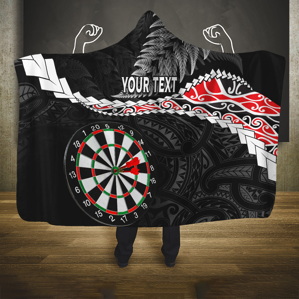 Personalised New Zealand Darts Hooded Blanket Maori Manaia LT7 One Size Black - Polynesian Pride