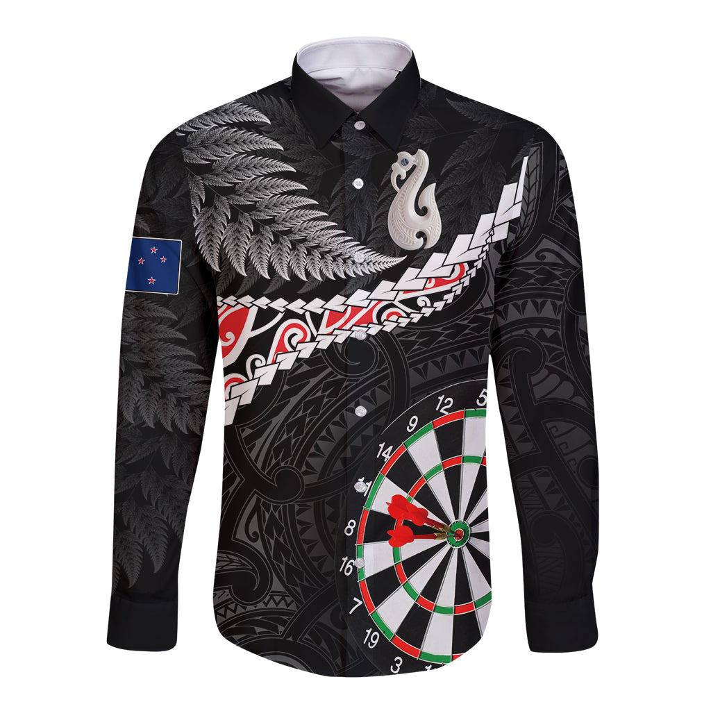 Personalised New Zealand Darts Long Sleeve Button Shirt Maori Manaia LT7 Unisex Black - Polynesian Pride