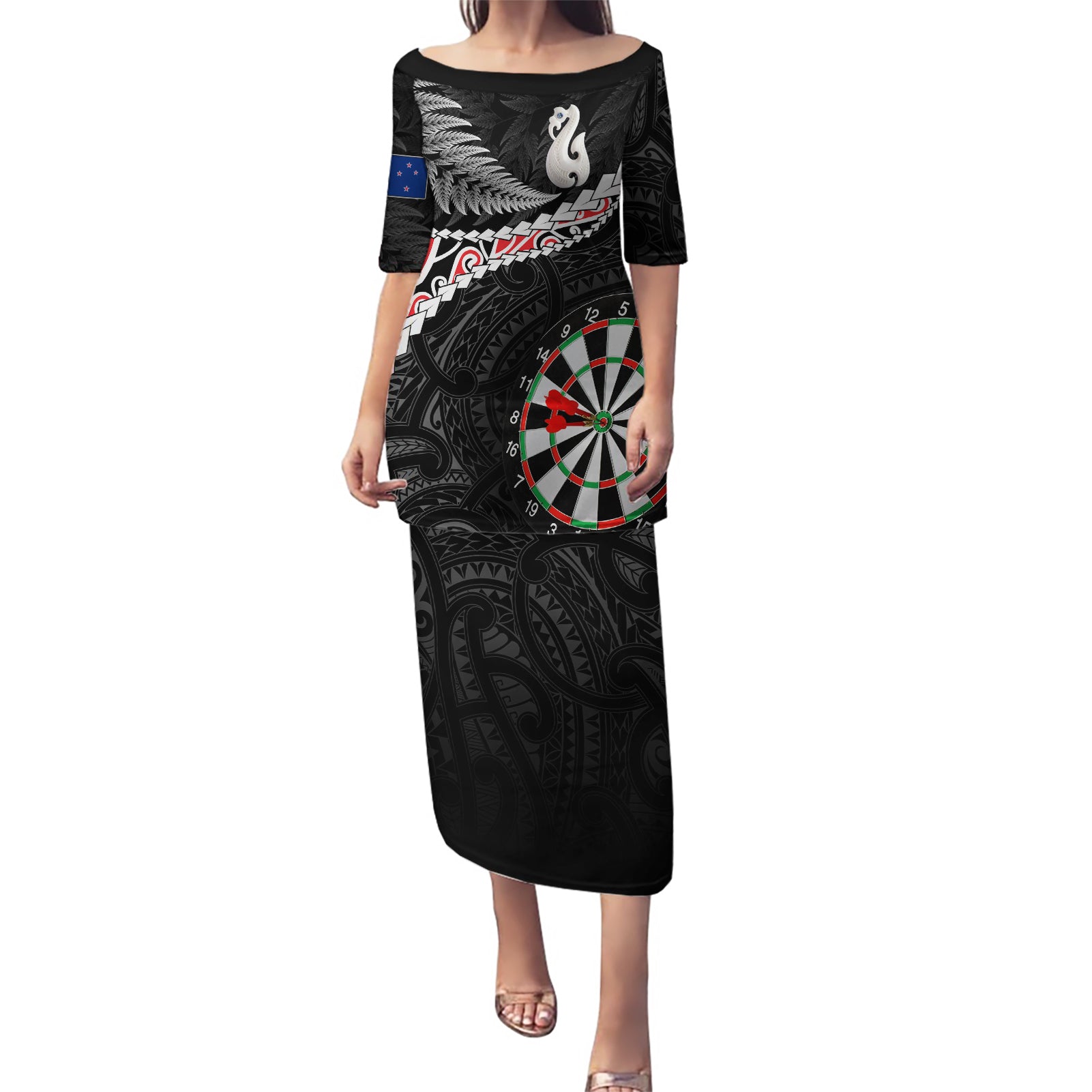 Personalised New Zealand Darts Puletasi Maori Manaia LT7 Long Dress Black - Polynesian Pride