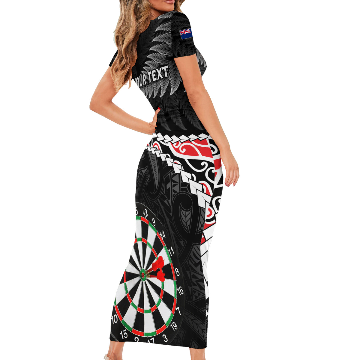 Personalised New Zealand Darts Short Sleeve Bodycon Dress Maori Manaia LT7 - Polynesian Pride