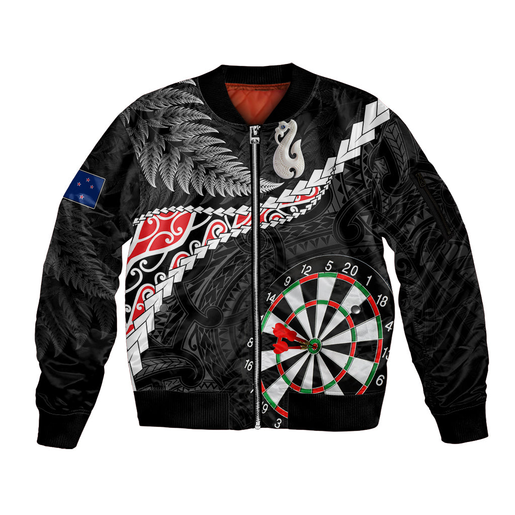 Personalised New Zealand Darts Sleeve Zip Bomber Jacket Maori Manaia LT7 Unisex Black - Polynesian Pride