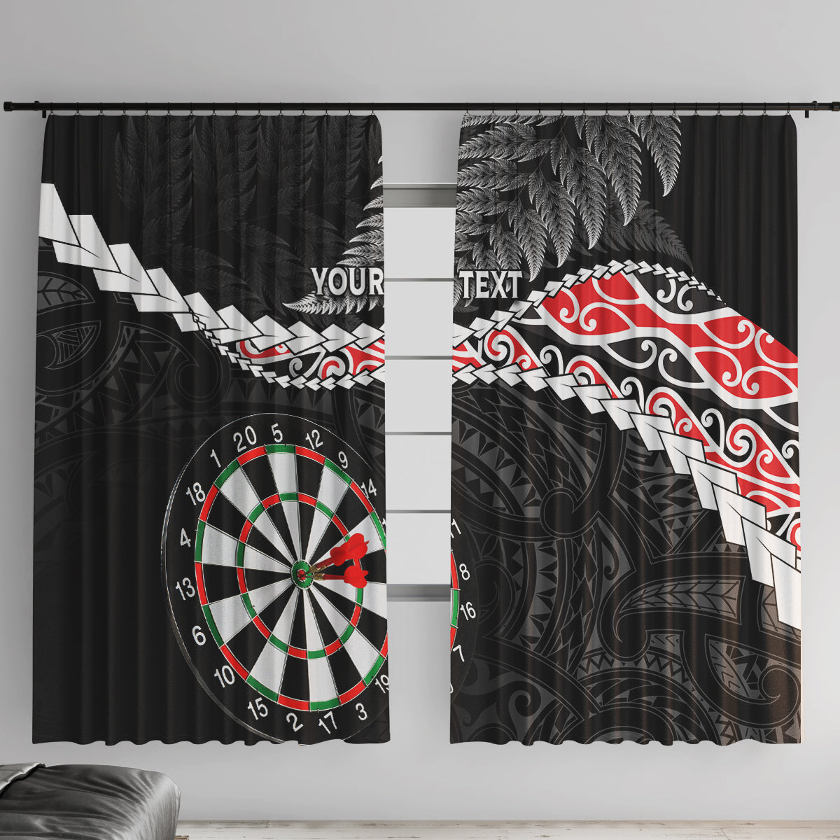 Personalised New Zealand Darts Window Curtain Maori Manaia LT7 With Hooks Black - Polynesian Pride