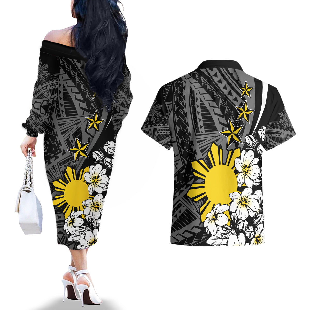 Philippines Sampaguita Personalised Couples Matching Off The Shoulder Long Sleeve Dress and Hawaiian Shirt Women's Day LT7 - Polynesian Pride