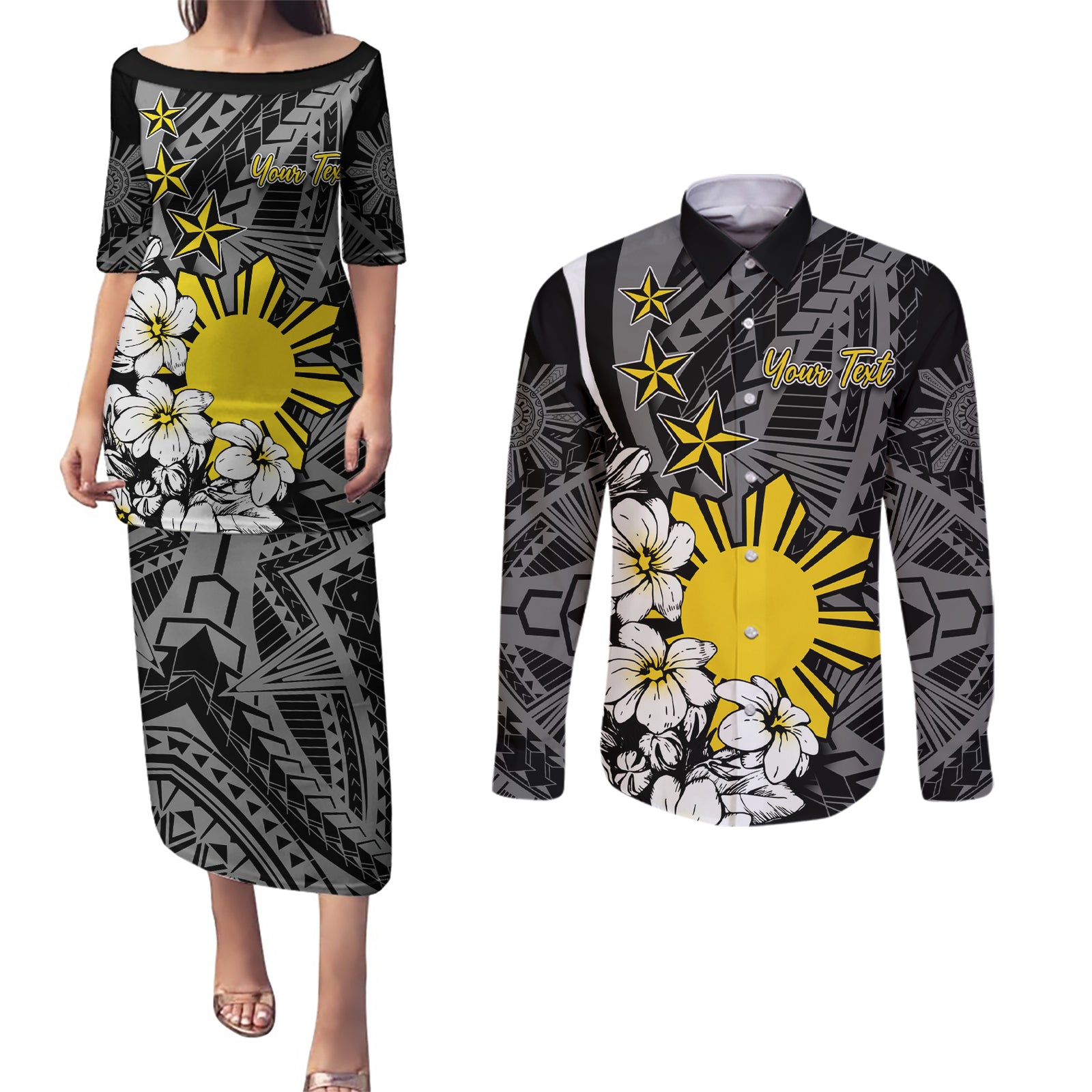Philippines Sampaguita Personalised Couples Matching Puletasi and Long Sleeve Button Shirt Women's Day LT7 Black - Polynesian Pride