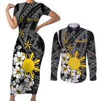 Philippines Sampaguita Personalised Couples Matching Short Sleeve Bodycon Dress and Long Sleeve Button Shirt Women's Day LT7 Black - Polynesian Pride