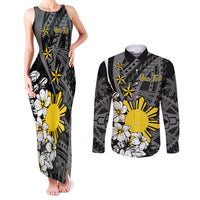 Philippines Sampaguita Personalised Couples Matching Tank Maxi Dress and Long Sleeve Button Shirt Women's Day LT7 Black - Polynesian Pride