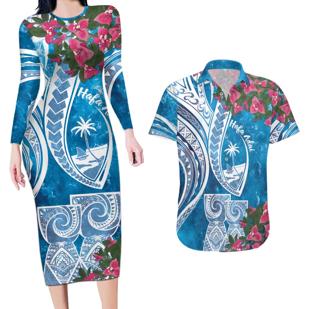 Hafa Adai Guam Couples Matching Long Sleeve Bodycon Dress and Hawaiian Shirt Crystal Waves