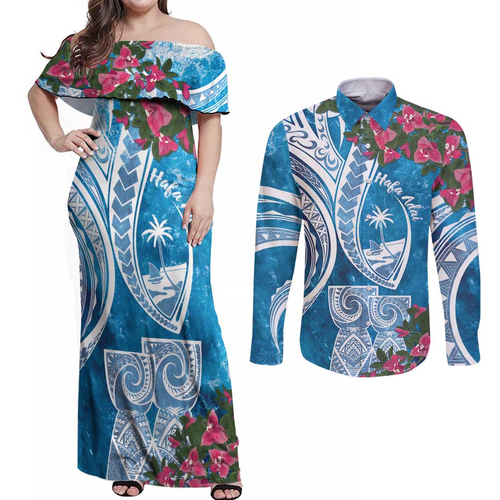 Hafa Adai Guam Couples Matching Off Shoulder Maxi Dress and Long Sleeve Button Shirt Crystal Waves
