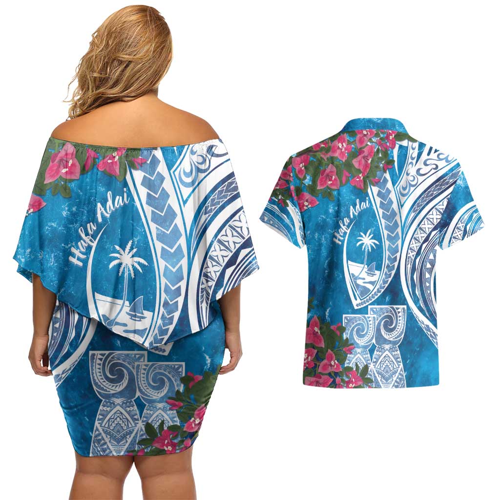 Hafa Adai Guam Couples Matching Off Shoulder Short Dress and Hawaiian Shirt Crystal Waves