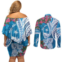 Hafa Adai Guam Couples Matching Off Shoulder Short Dress and Long Sleeve Button Shirt Crystal Waves