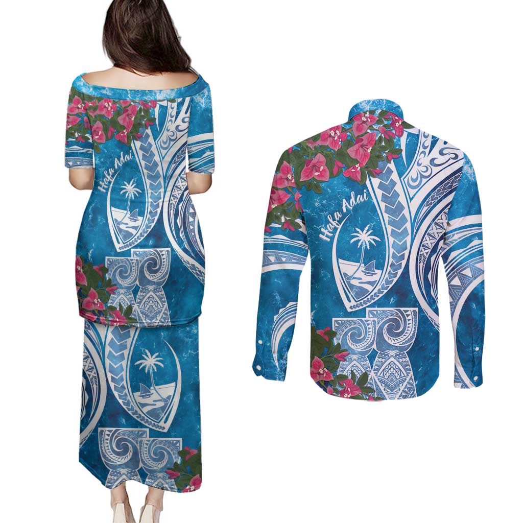 Hafa Adai Guam Couples Matching Puletasi and Long Sleeve Button Shirt Crystal Waves