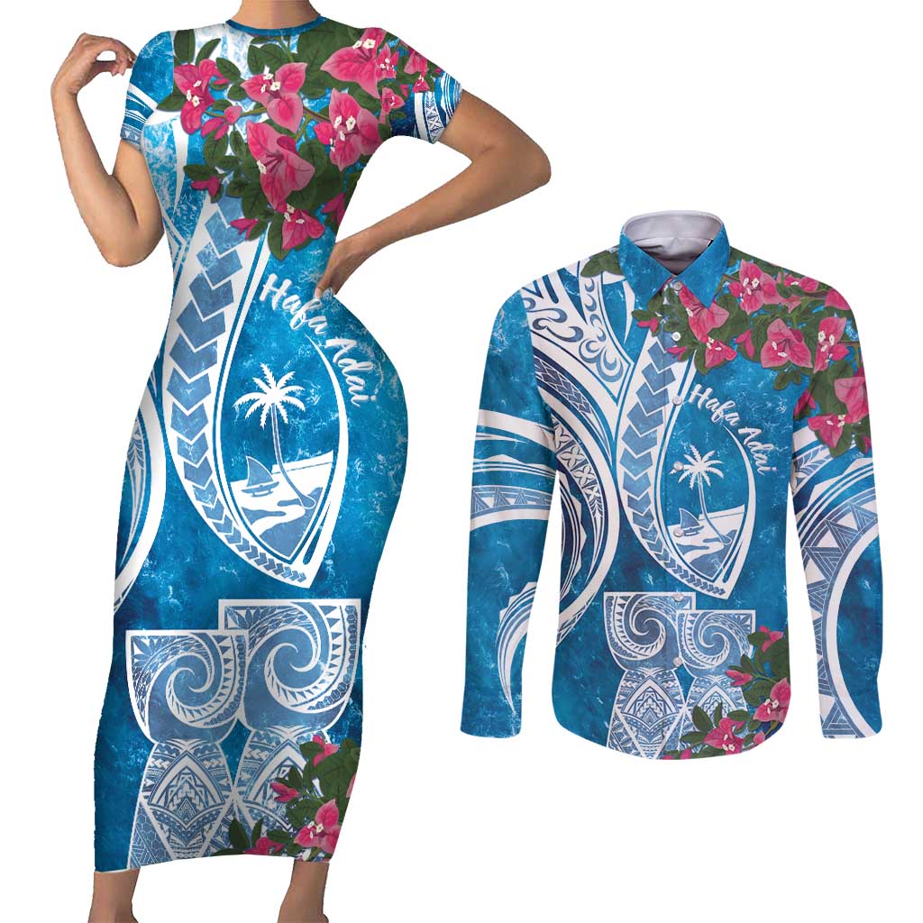 Hafa Adai Guam Couples Matching Short Sleeve Bodycon Dress and Long Sleeve Button Shirt Crystal Waves