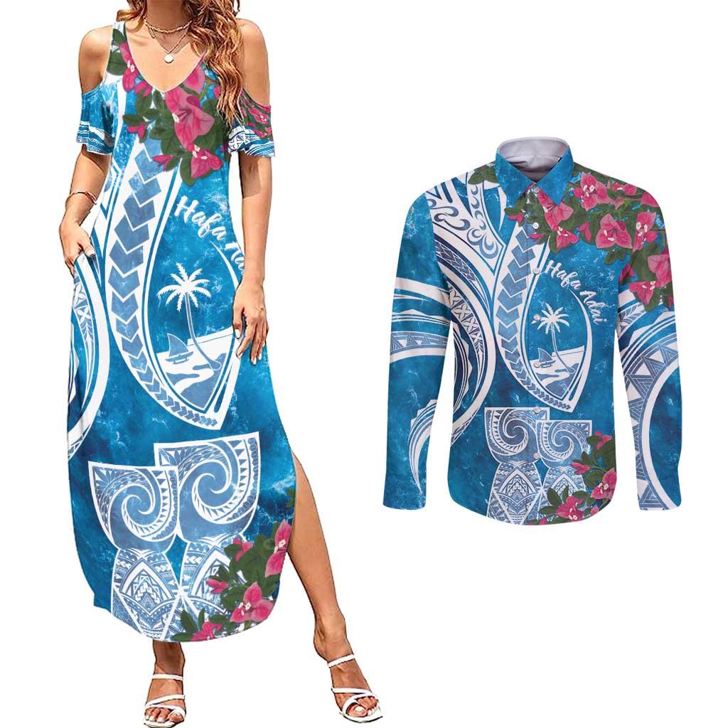 Hafa Adai Guam Couples Matching Summer Maxi Dress and Long Sleeve Button Shirt Crystal Waves