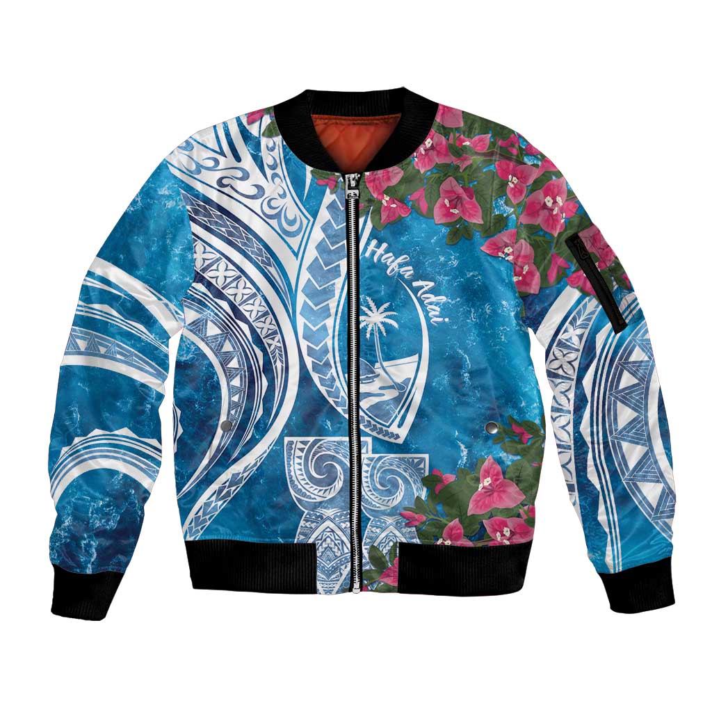 Hafa Adai Guam Sleeve Zip Bomber Jacket Crystal Waves LT7 Unisex Blue - Polynesian Pride