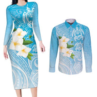Personalized Guam Chamorro Couples Matching Long Sleeve Bodycon Dress and Long Sleeve Button Shirt Turtles and Guasali Flowers