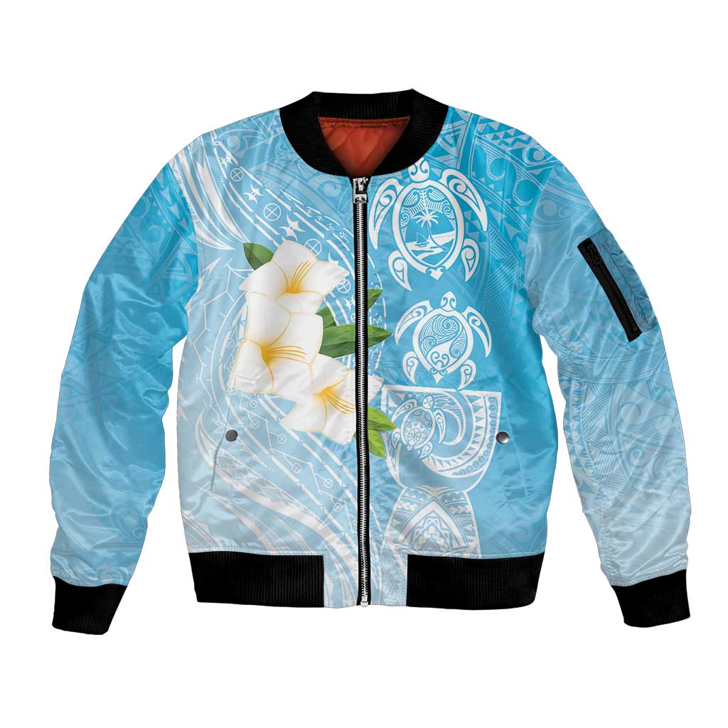 Personalized Guam Chamorro Sleeve Zip Bomber Jacket Turtles and Guasali Flowers LT7 Unisex Turquoise - Polynesian Pride