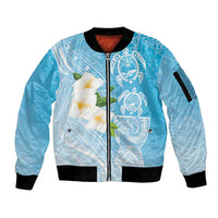 Personalized Guam Chamorro Sleeve Zip Bomber Jacket Turtles and Guasali Flowers LT7 Unisex Turquoise - Polynesian Pride
