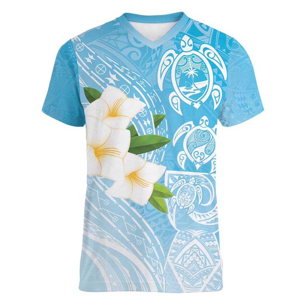 Personalized Guam Chamorro Women V-Neck T-Shirt Turtles and Guasali Flowers