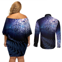 New Zealand Aotearoa Matariki Couples Matching Off Shoulder Short Dress and Long Sleeve Button Shirt Starry Silver Fern
