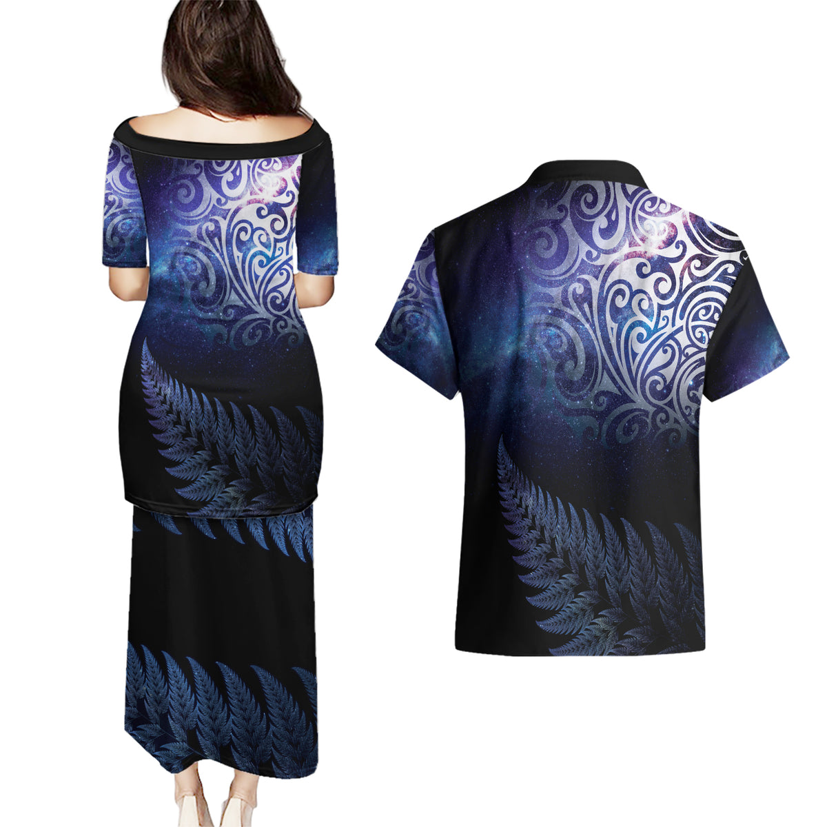 New Zealand Aotearoa Matariki Couples Matching Puletasi and Hawaiian Shirt Starry Silver Fern