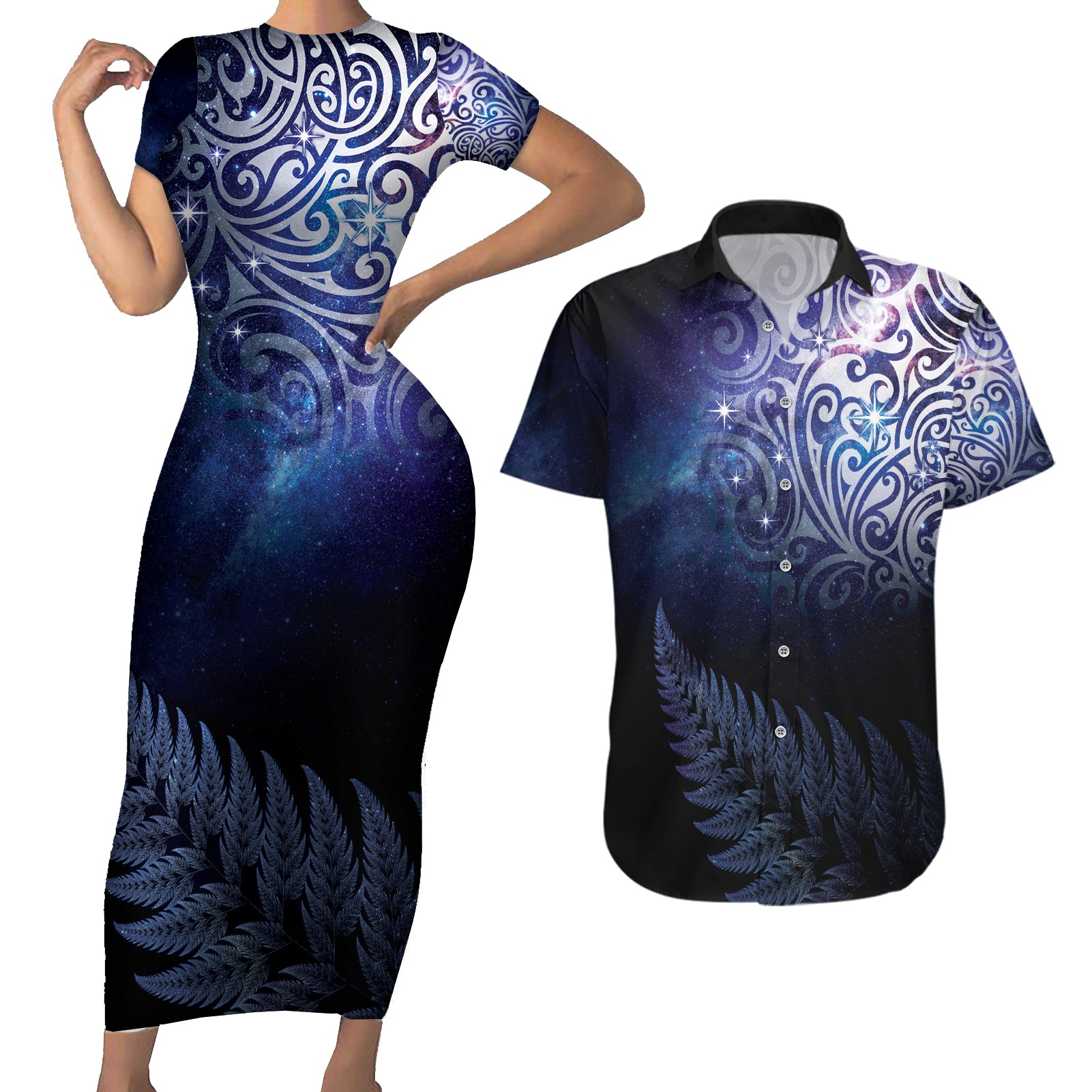 New Zealand Aotearoa Matariki Couples Matching Short Sleeve Bodycon Dress and Hawaiian Shirt Starry Silver Fern