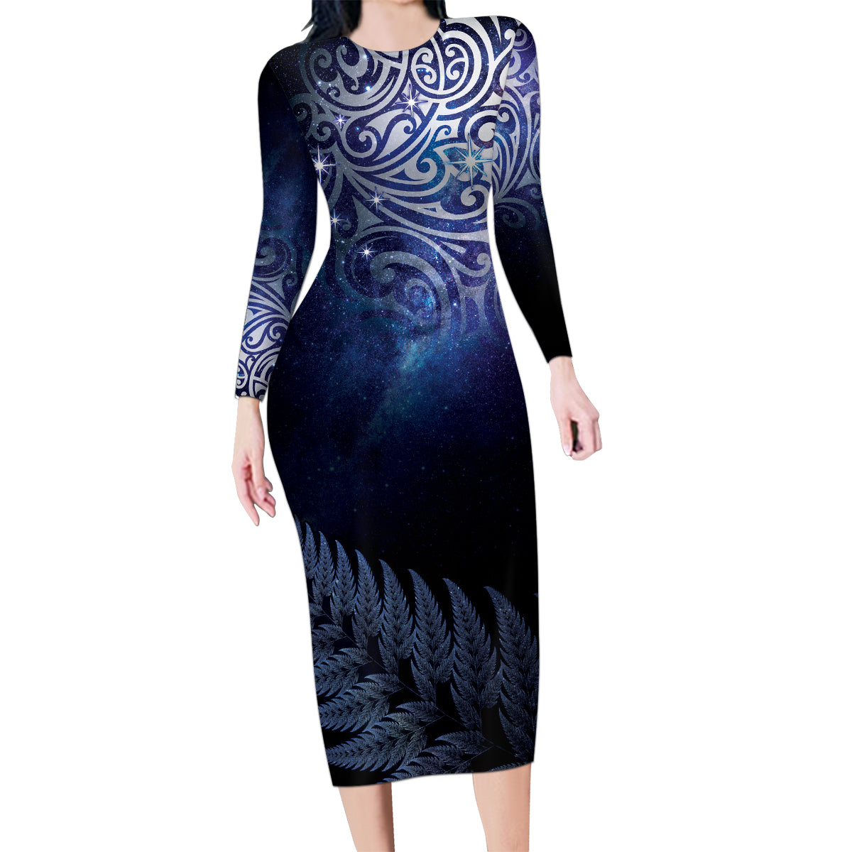 New Zealand Aotearoa Matariki Family Matching Long Sleeve Bodycon Dress and Hawaiian Shirt Starry Silver Fern