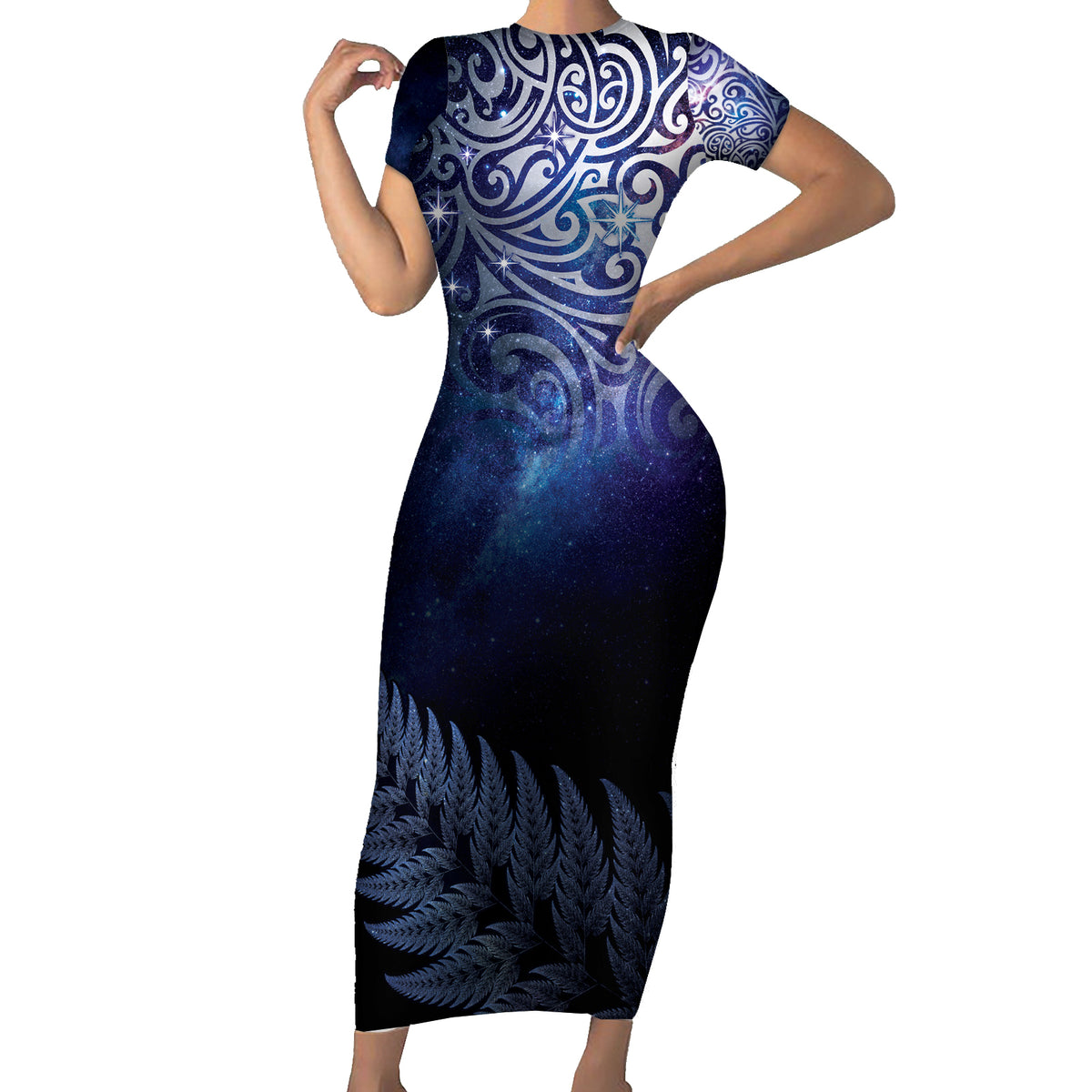 New Zealand Aotearoa Matariki Short Sleeve Bodycon Dress Starry Silver Fern LT7 Long Dress Galaxy - Polynesian Pride