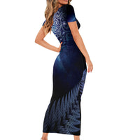 New Zealand Aotearoa Matariki Short Sleeve Bodycon Dress Starry Silver Fern LT7 - Polynesian Pride
