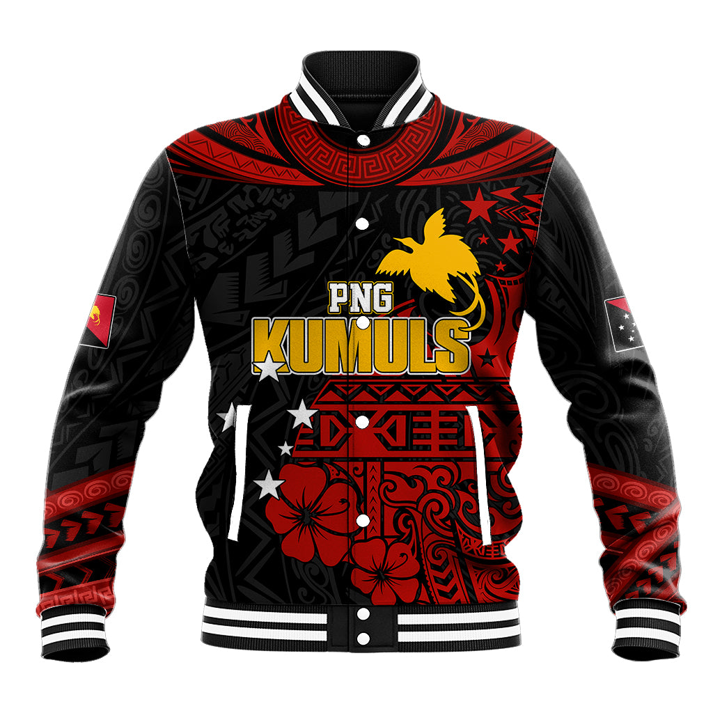 Personalised PNG Kumuls Rugby Baseball Jacket Motuan Mix Patterns LT7 Unisex Black - Polynesian Pride
