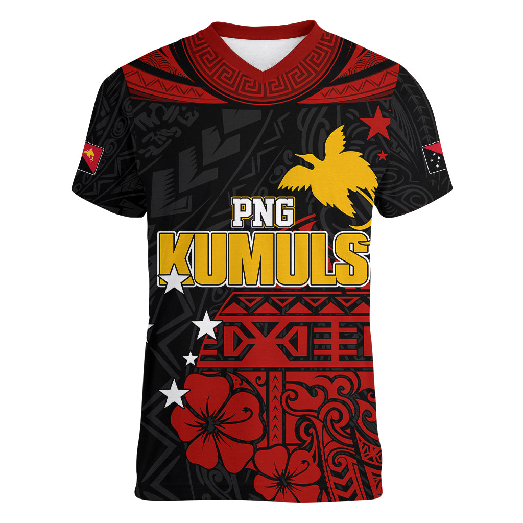 Personalised PNG Kumuls Rugby Women V Neck T Shirt Motuan Mix Patterns LT7 - Polynesian Pride
